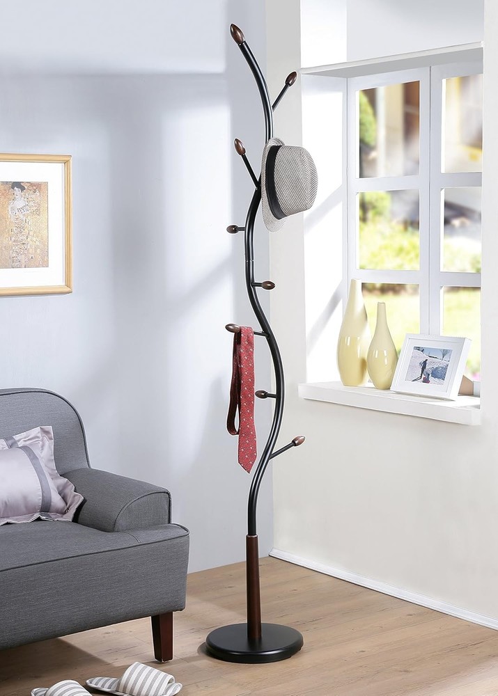 Arles Metal Black & Walnut Standing Coat Rack