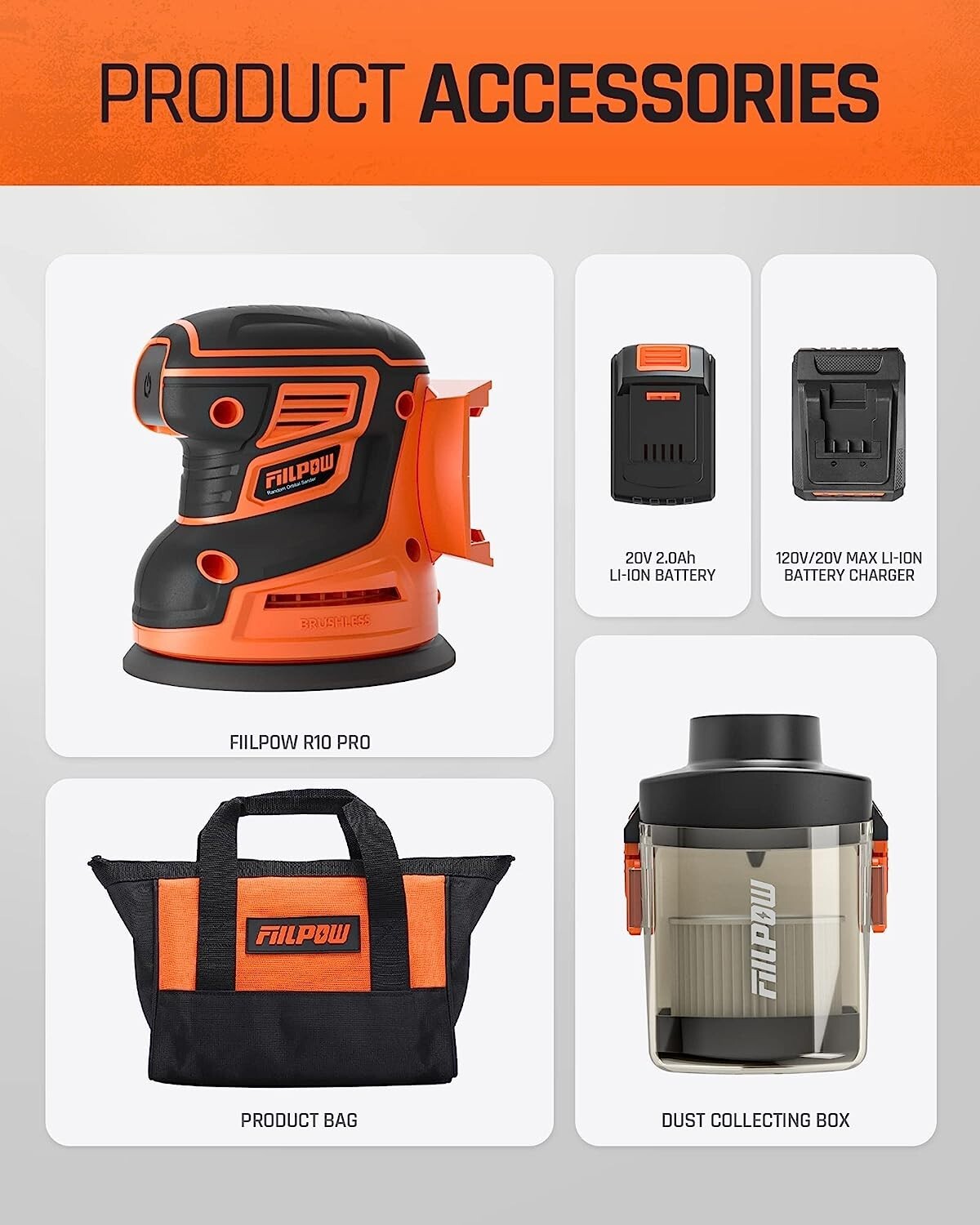 FIILPOW Cordless Random Orbital Sander, 20V Brushless Sander with Battery,