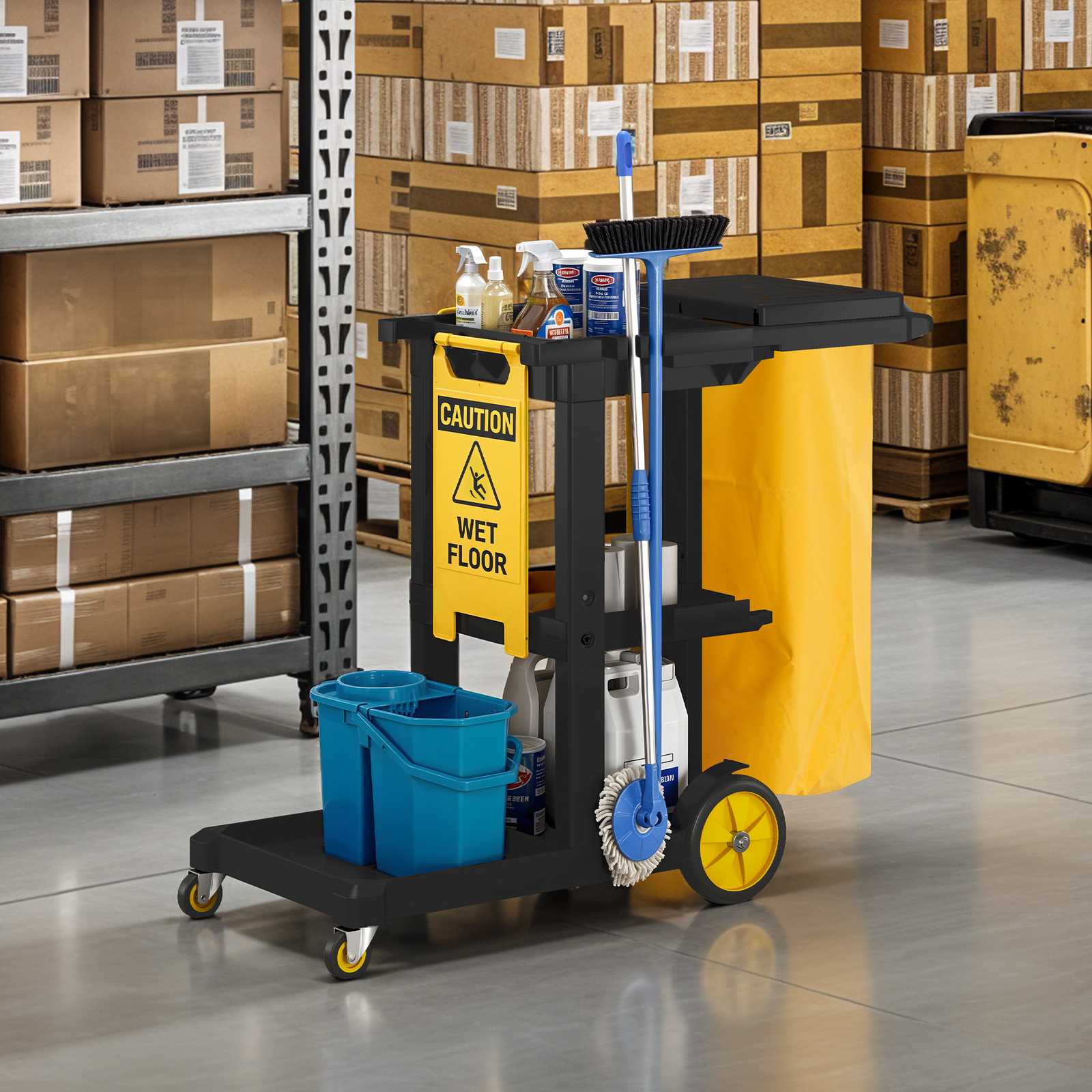 Industrial Janitorial Utility Cart 3 Shelf Rolling Cleaning Cart with Trash Bags