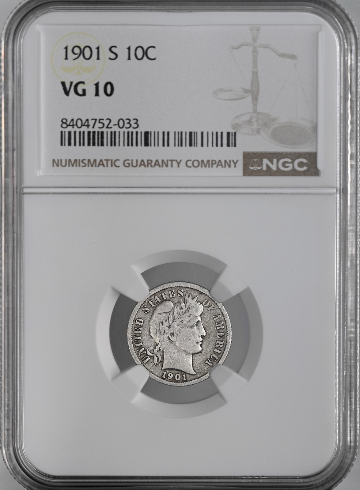 1901-S  10C BARBER SILVER DIME "SAN FRANCISCO" NGC VG10 #8404752-033 LOOKS FINE