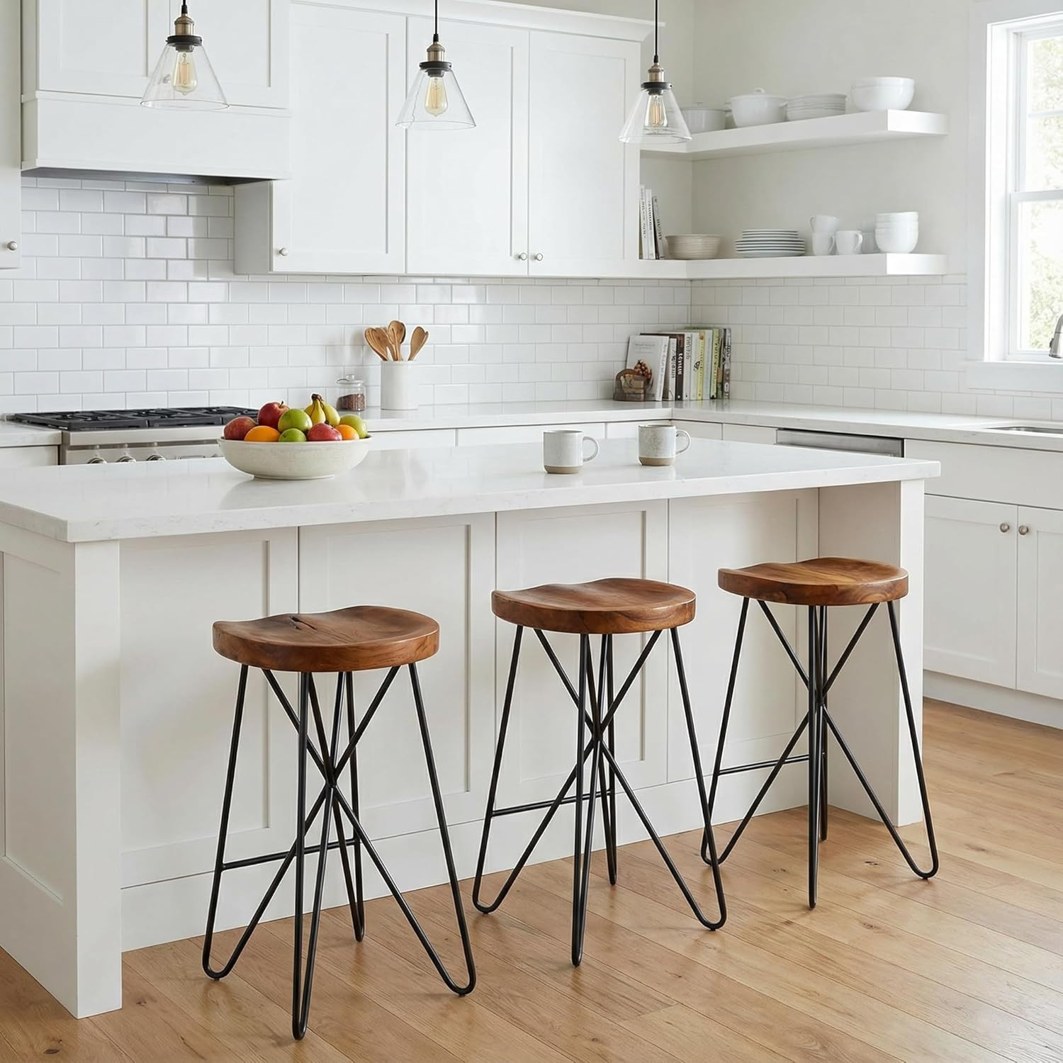 Aloha Backless Teak Counter Stool with Black Metal Legs - 27" Tall