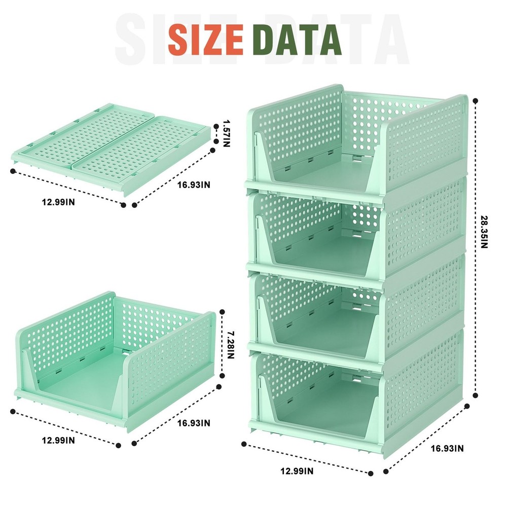 Closet Organizer, 4 Pack Stackable Storage Bins for Closet Shelves, Plastic S...