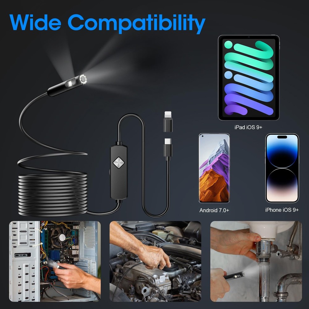 Endoscope with Light, 1920P HD Borescope with 8 Adjustable Lights, 16.4FT Sem...