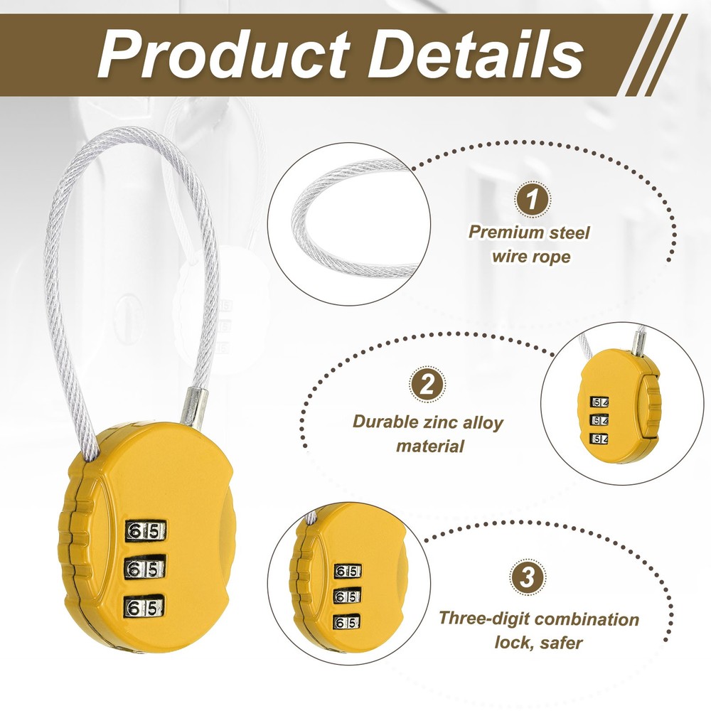 1-Pack Combination Padlock, 3 Digit Round Shaped Cable Luggage Lock [Yellow]