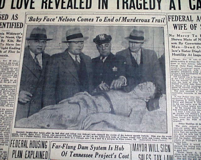 BABY FACE NELSON KILLED Bank Robber Battle of Barrington PHOTO 1934 Newspaper