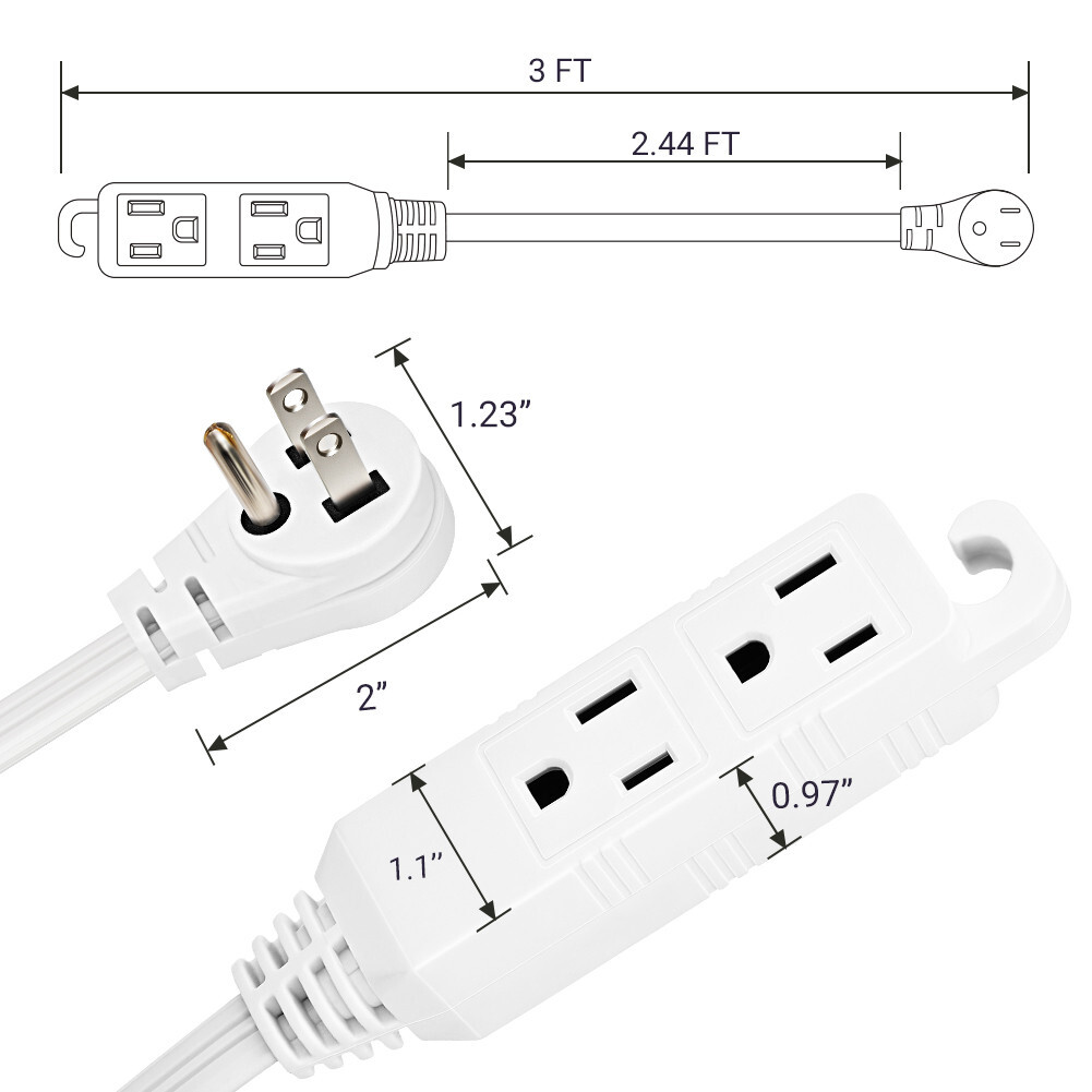DEWENWILS 2 Pack 3 ft Extension Cord with Flat Plug 3 Grounded Outlets 16/3 Awg