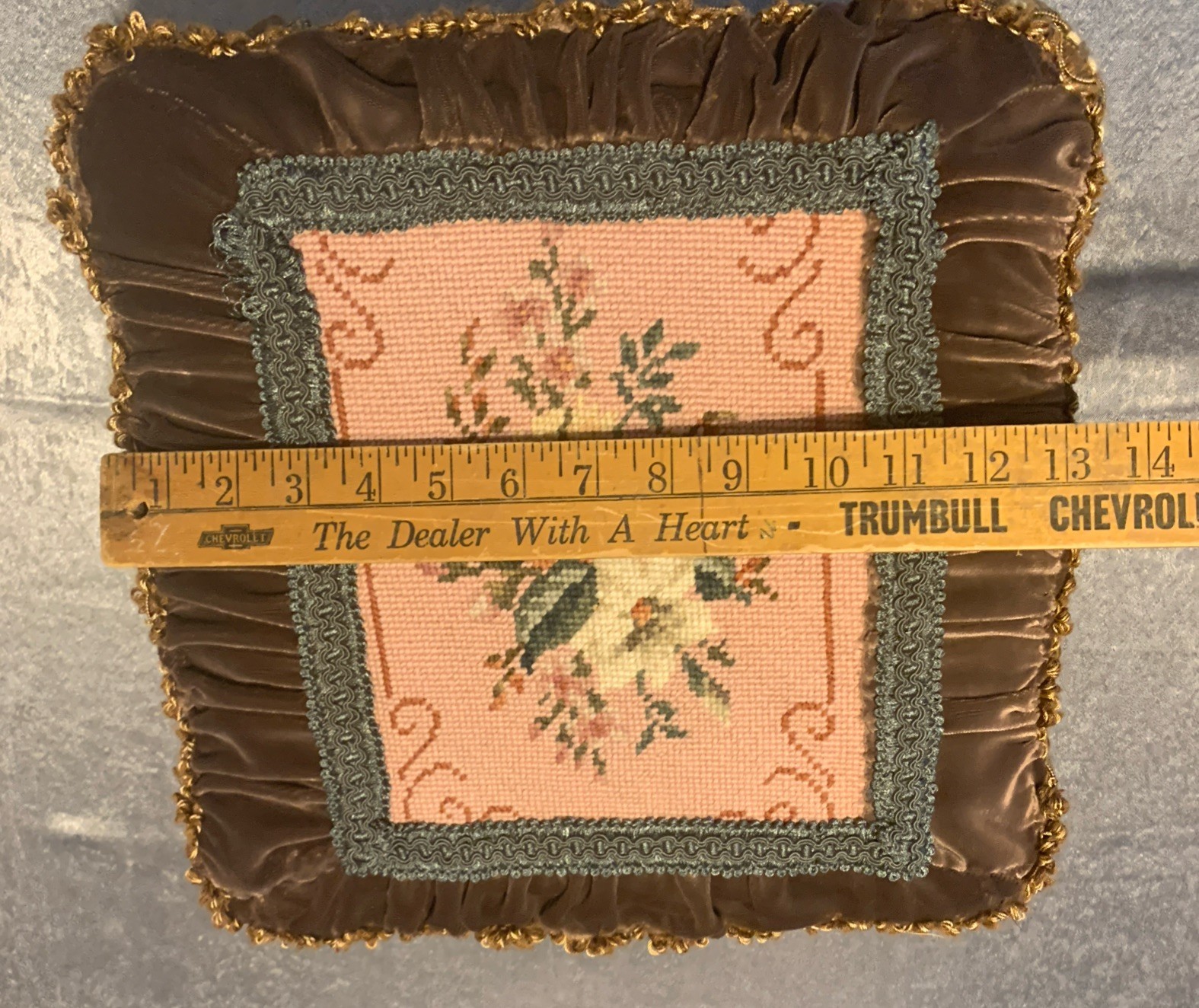 Vtg Cast Iron Ottoman Footstool w/Floral Needlepoint Design & Fringe