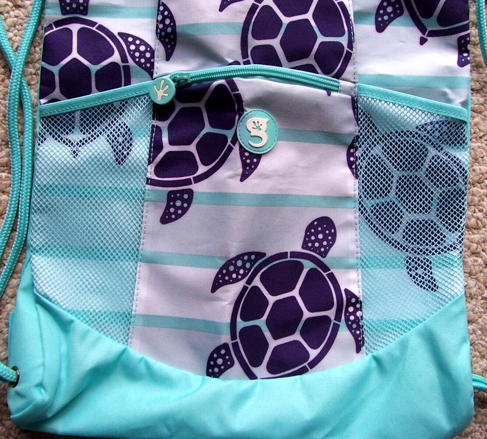 Geckobrands Drawstring Backpack Turtles Blue & White 18" x 14"