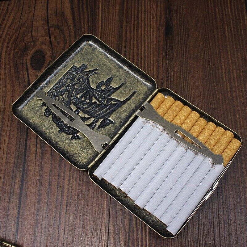 Vintage 20-Pack Cigarette Case Metal Pockets Embossment Eagle Double Sided Box