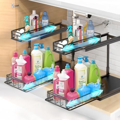 Under Kitchen Sink Pull Out Organizer, Pull Out Under Cabinet Black-2 Pack