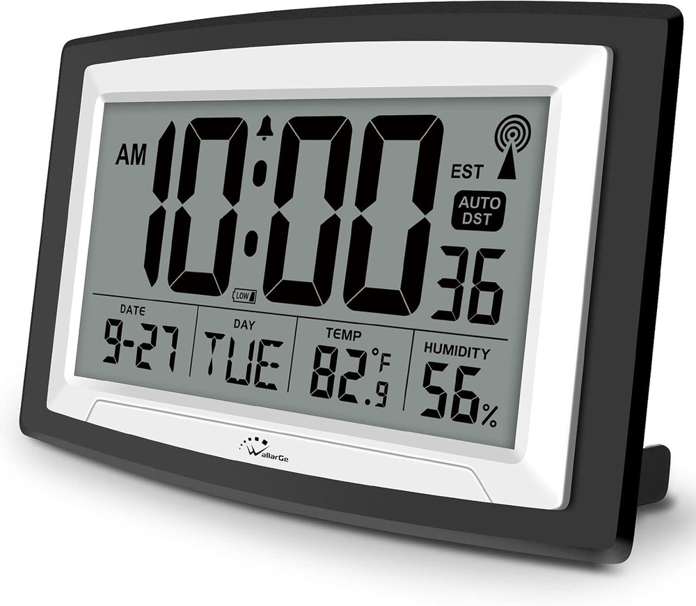 WallarGe Atomic Clock With Indoor Temperature And Humidity, 12.5" Self-Setting