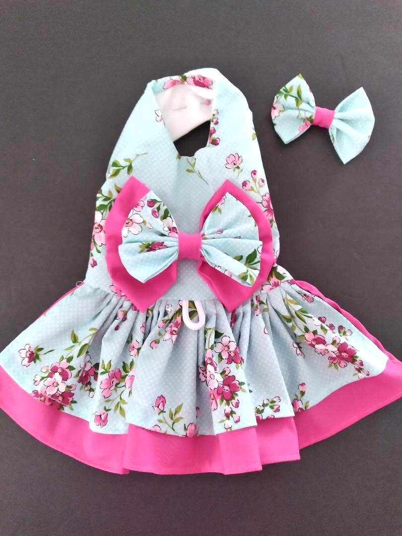 DOG HARNESS DRESS pink and blue flowers NEW HANDMADE FREE SHIPPING