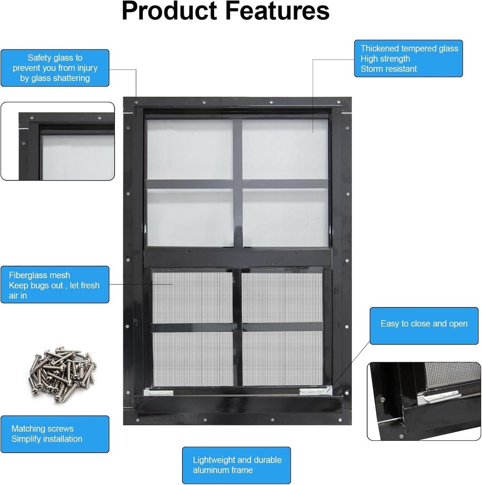 2 Pack Shed Windows with Black Frame, 24 x 36 Flush Mount Small Window with T...