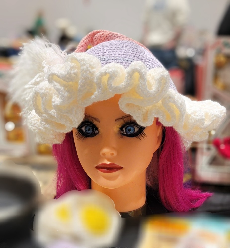 Crochet Ruffle Pixie Hat Cone Stocking Cap Sparkle Irridescent Large Adult