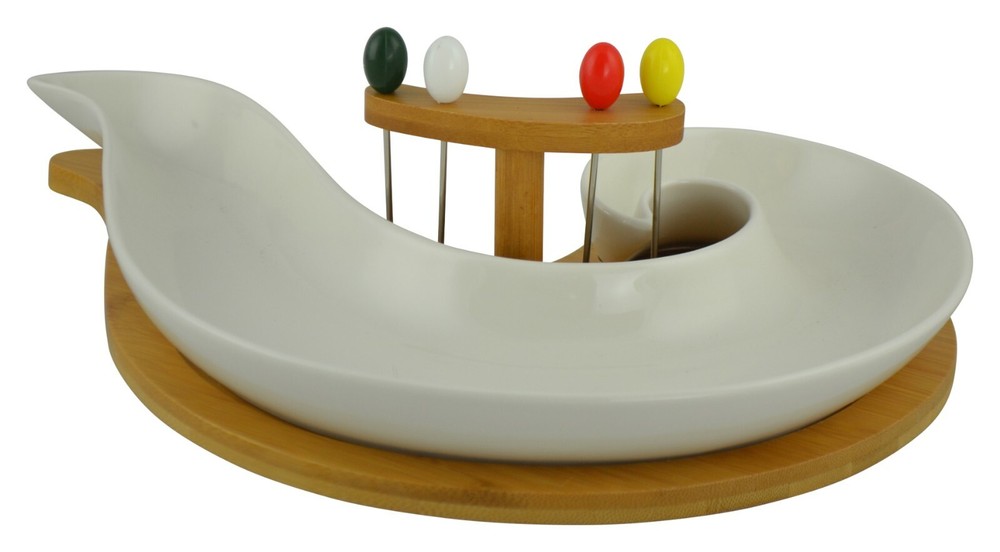Whiteware Ceramic Curved Serving Bowl with Food Picks