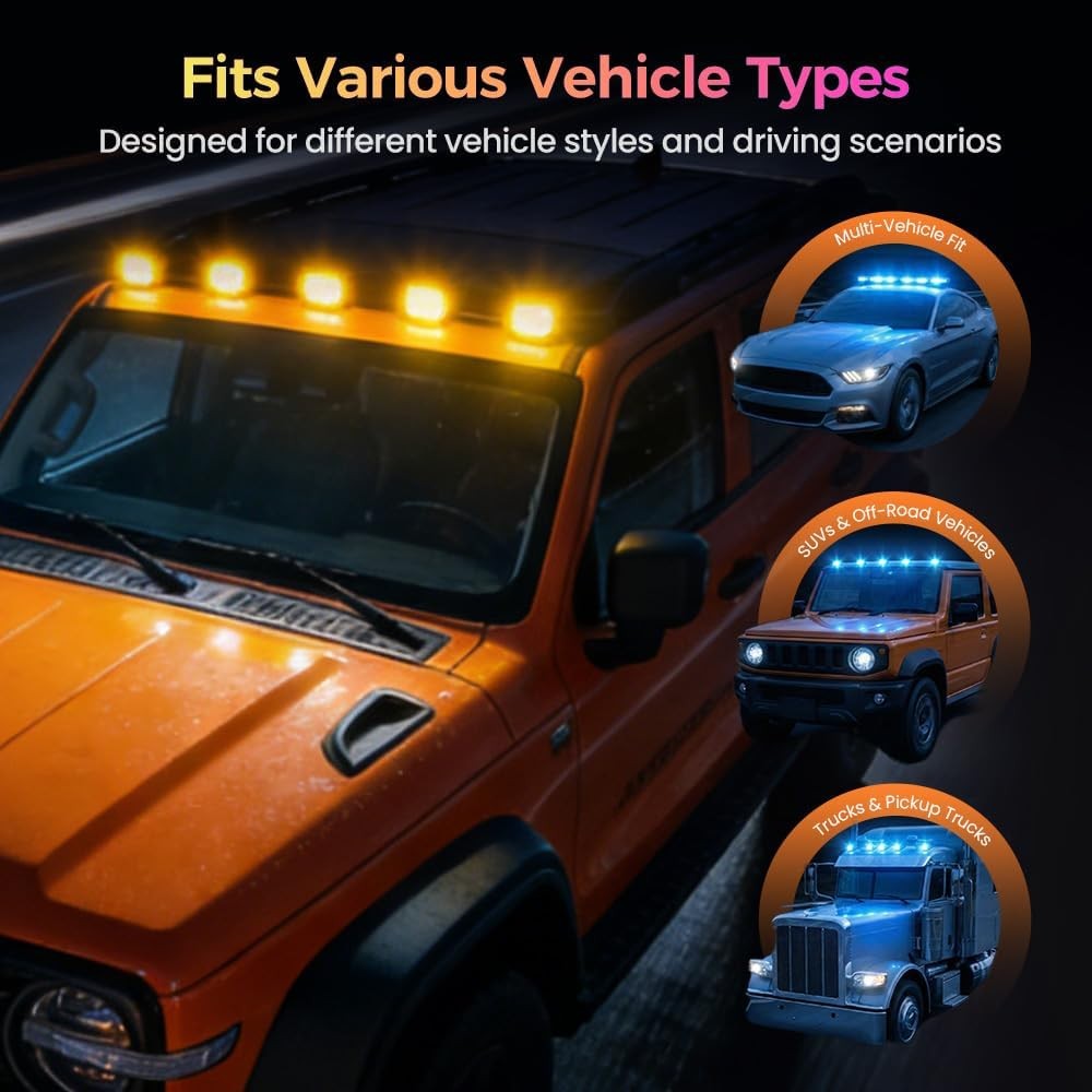 5 Pack Solar Powered LED Cab Roof Marker Running Lights w/Remote For Trucks SUV