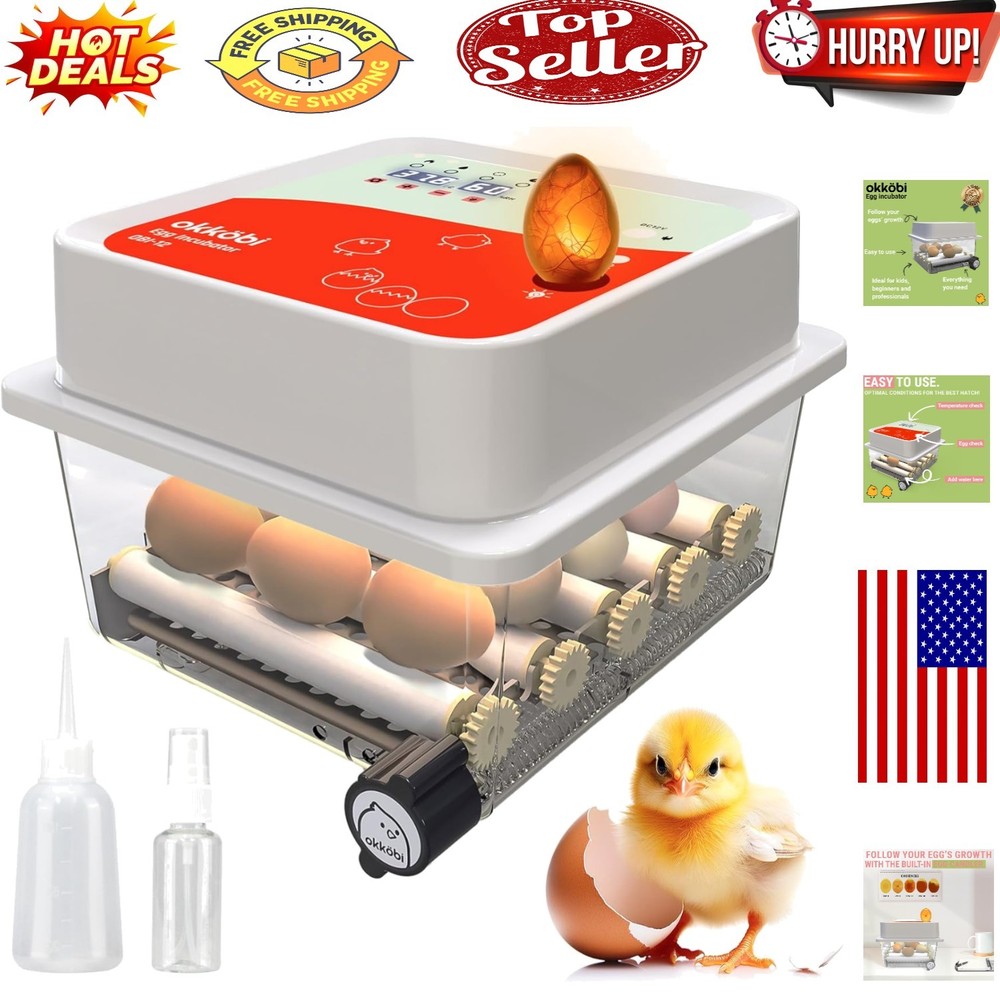 Automatic 12-Egg Incubator with Humidity Control & Egg Candler