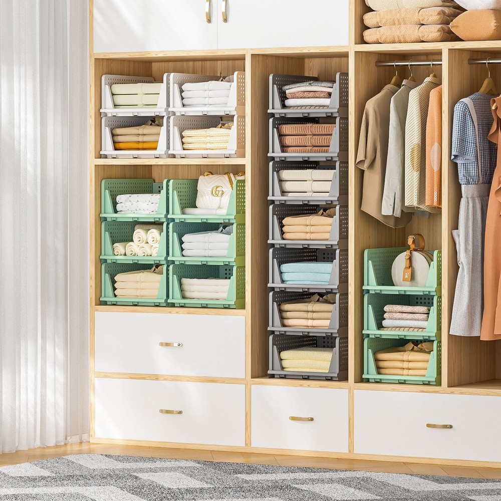 Closet Organizer, 4 Pack Stackable Storage Bins for Closet Shelves, Plastic S...