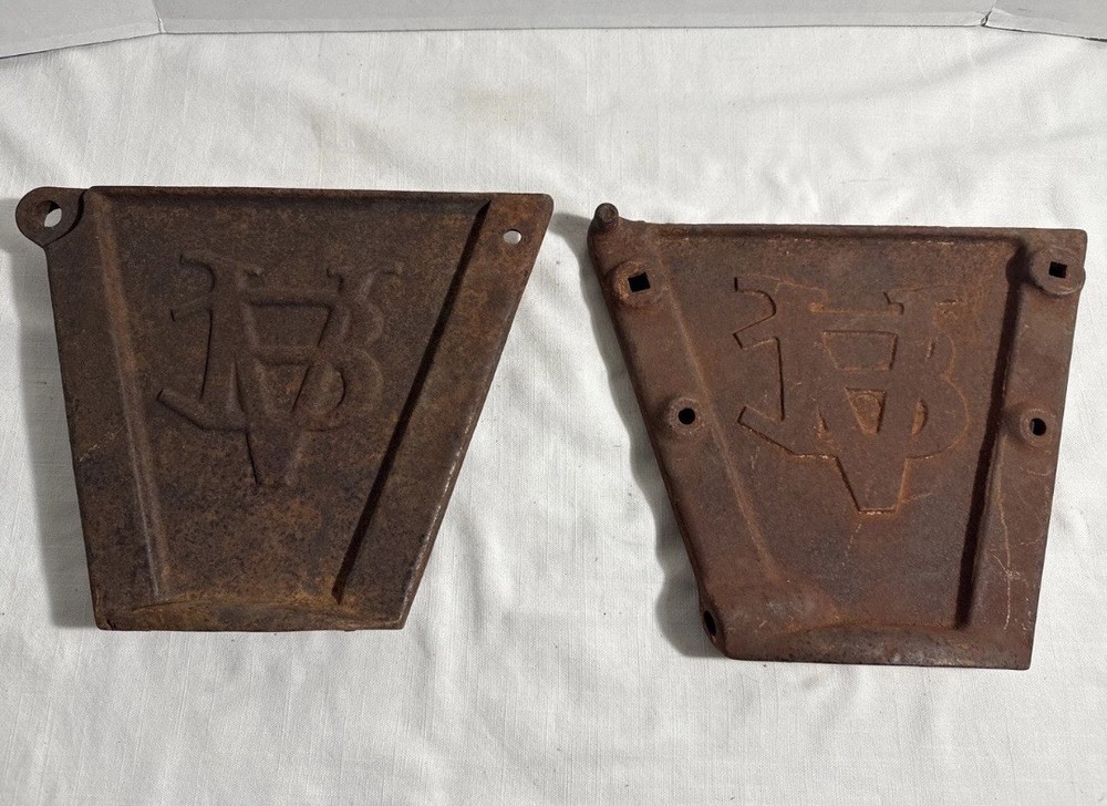 PAIR - Rare Antique Van Brunt/John Deere Cast Iron Implement End Caps
