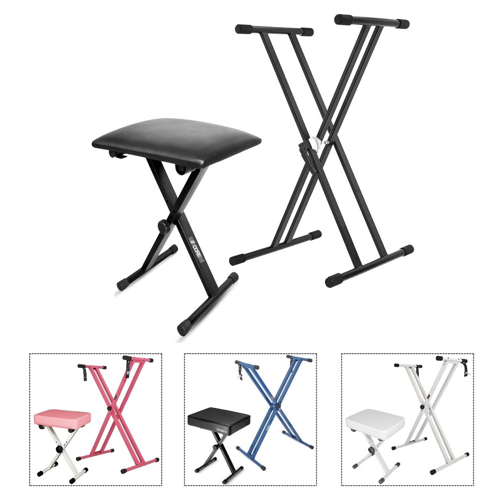 5Core Keyboard Stand Double XStyle Adjustable Piano Riser + Keyboard Piano Bench