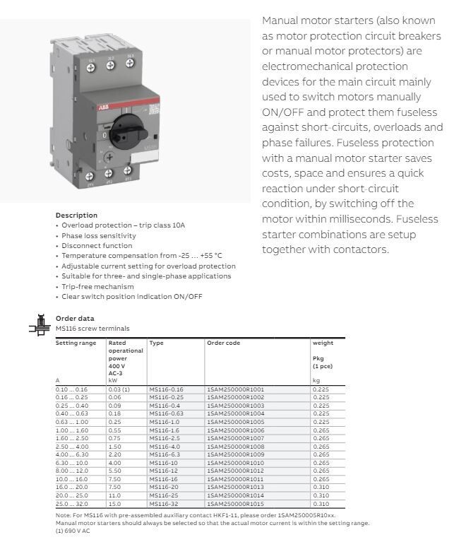 ABB T&B MS116-2.5 MANUAL MOTOR STARTER 1.6-2.5A RANGE