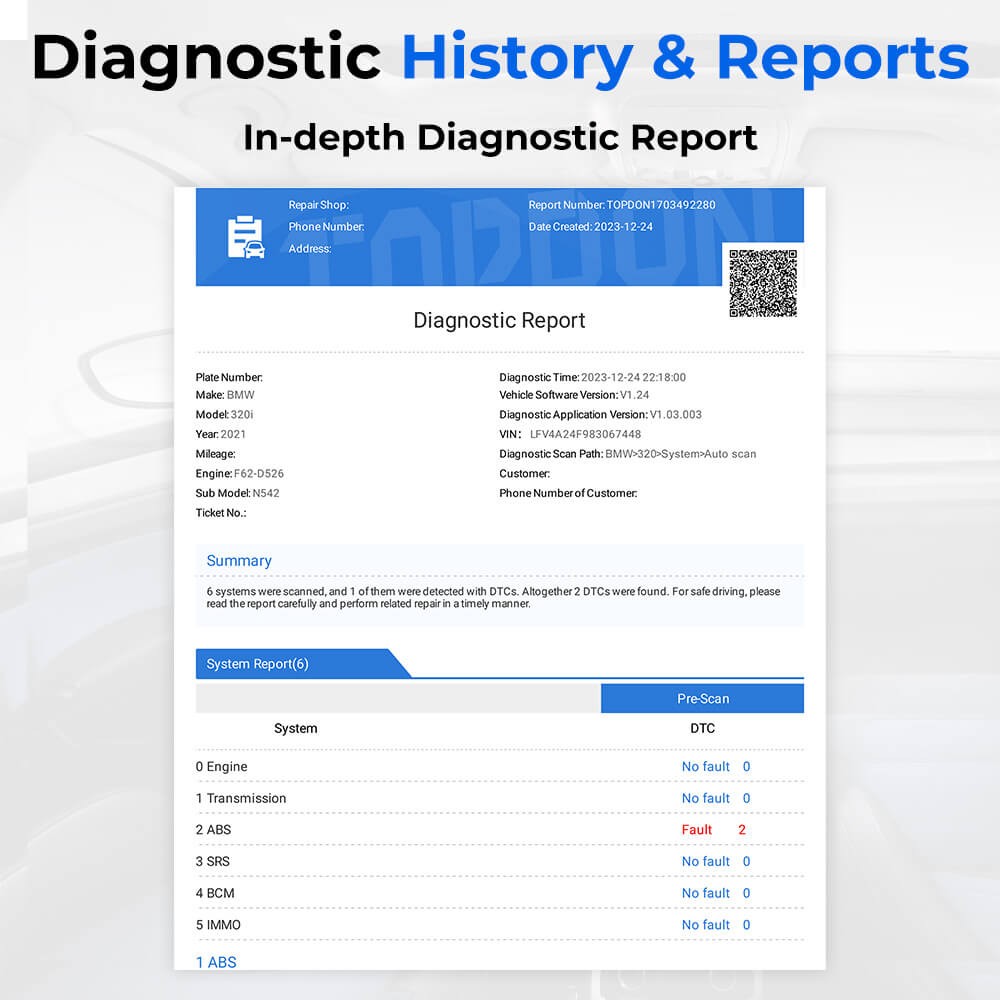 TOPDON Automotive OBD2 ABS SRS Reset Diagnostic Scanner Tool OBD Car Code Reader