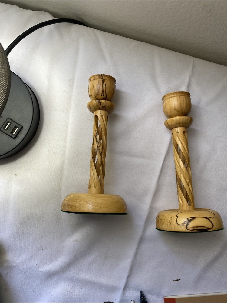 MCM Spalted Elm Candlestick Pair 8” Spiral Column