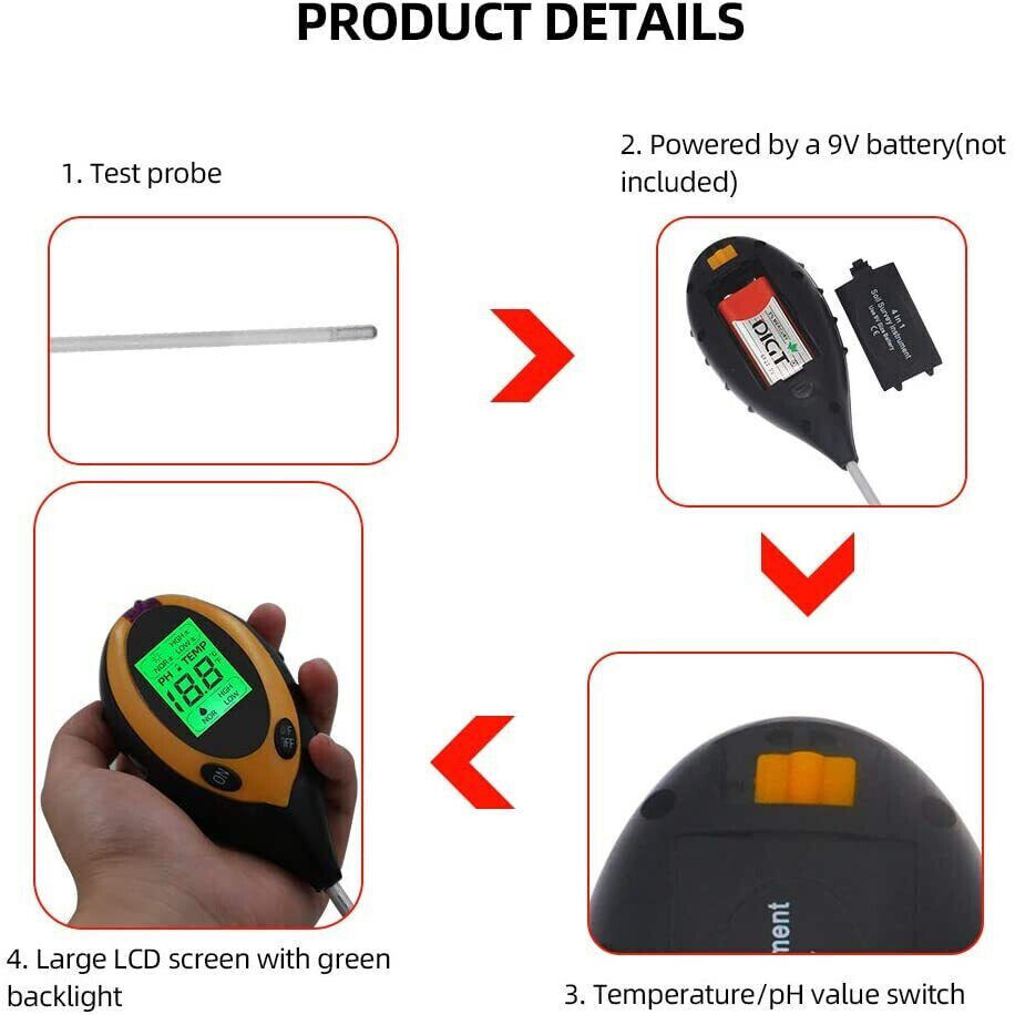 4 in 1 LCD Digital PH Tester Soil Water Moisture Light Temperature Test Meter