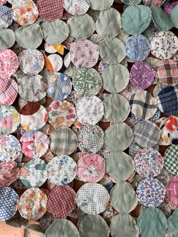 Antique Handmade Yo-Yo Quilt 64x94 Bedspread Patchwork Cottagecore