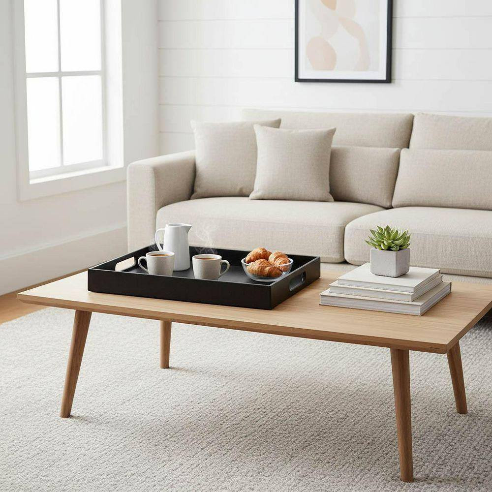 Black Leather Rectangular Faux Leather Decorative Serving Tray with Handles