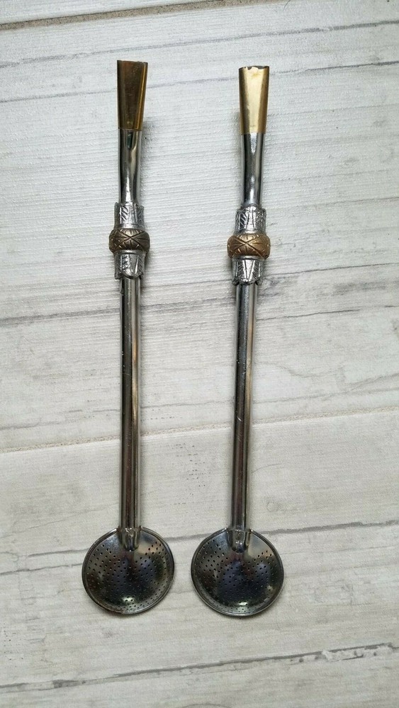 2 Antique Metal Tea Drinking Straw with Hinged Filter