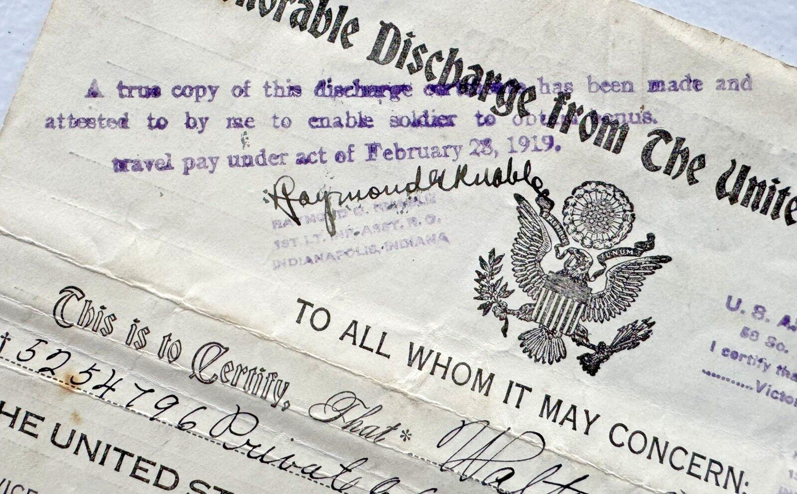1918 WWI HONORBLE DISCHARGE PAPERS FROM THE UNITED STATES ARMY PRIVATE WESSMAN