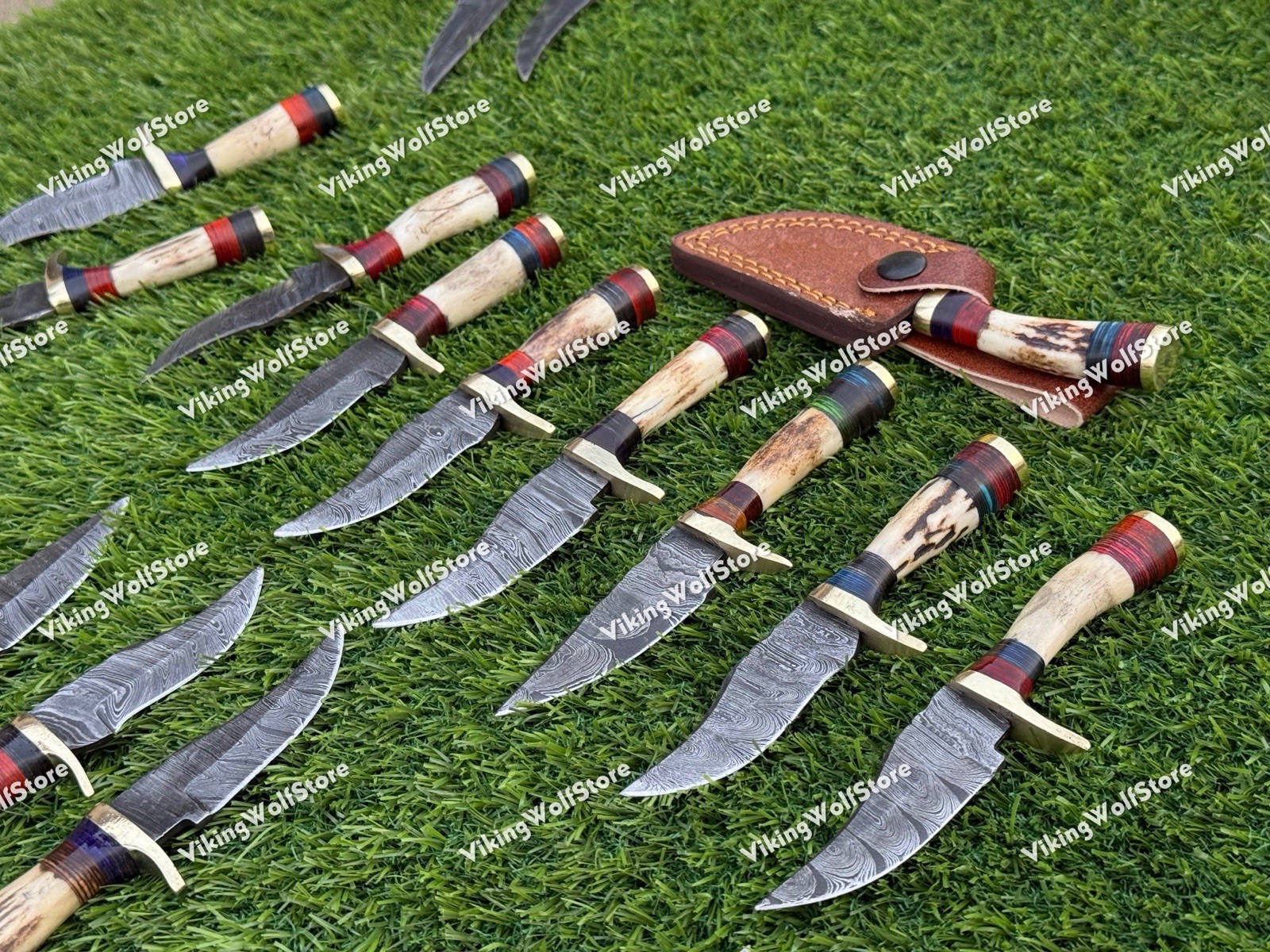 LOT OF 20PCS, 6'' INCH SKINNER KNIFE STAG HORN HANDLE HANDMADE DAMASCUS W/SHEATH