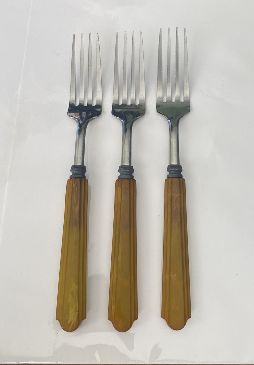 HTF Vintage Bakelite FORKS Flatware Utensils 3 Pc. Butterscotch Stainless Steel
