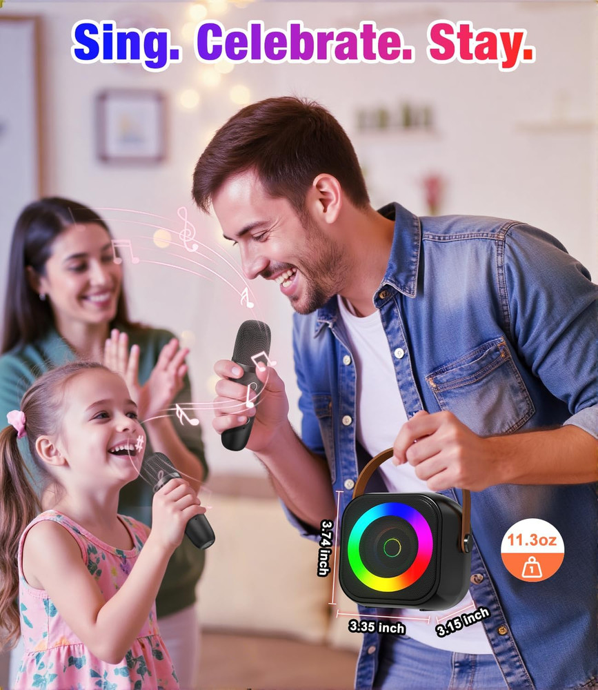 Mini Karaoke Machine, Portable Bluetooth Speaker with 2 Wireless Microphones for