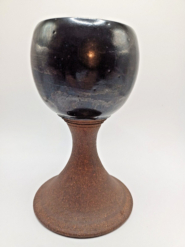 Studio Art Pottery Goblet Raw And Glazed Grey Metalic Brown Marked
