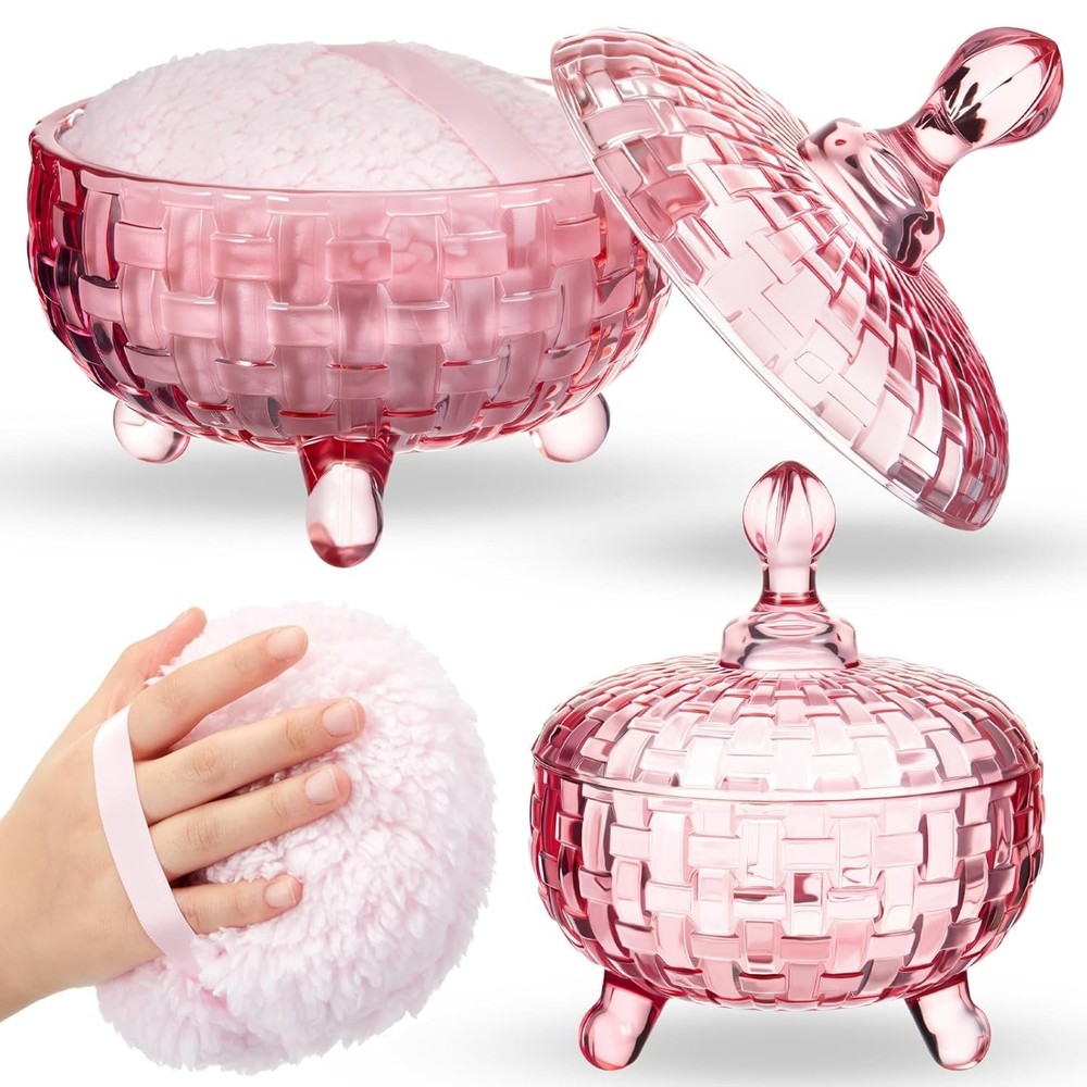 Large Dusting Powder Puff Set - Pink Crystal Glass Container