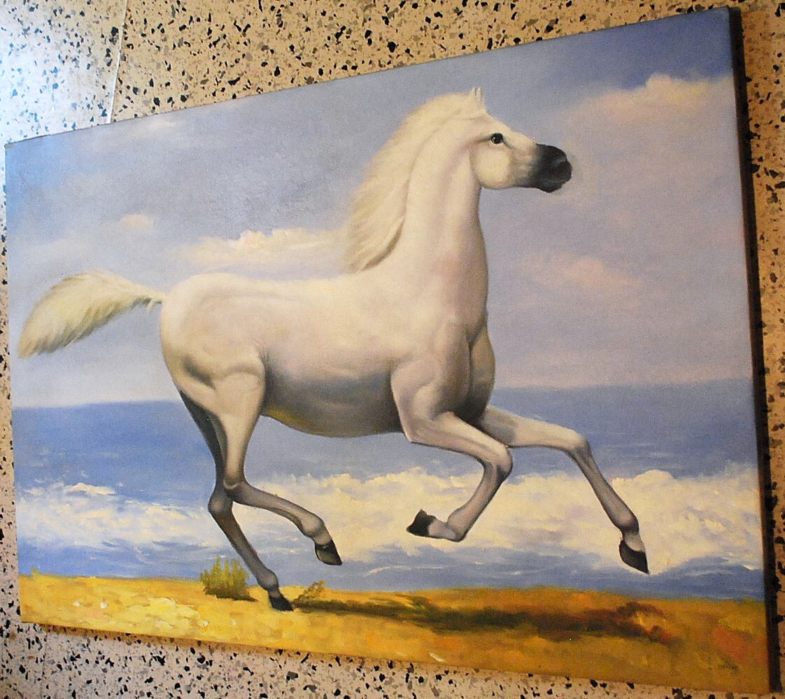 HORSE RUNNING ALONG OCEAN Original Art ACRYLIC PAINTING/CANVAS Signed 36" x 24"