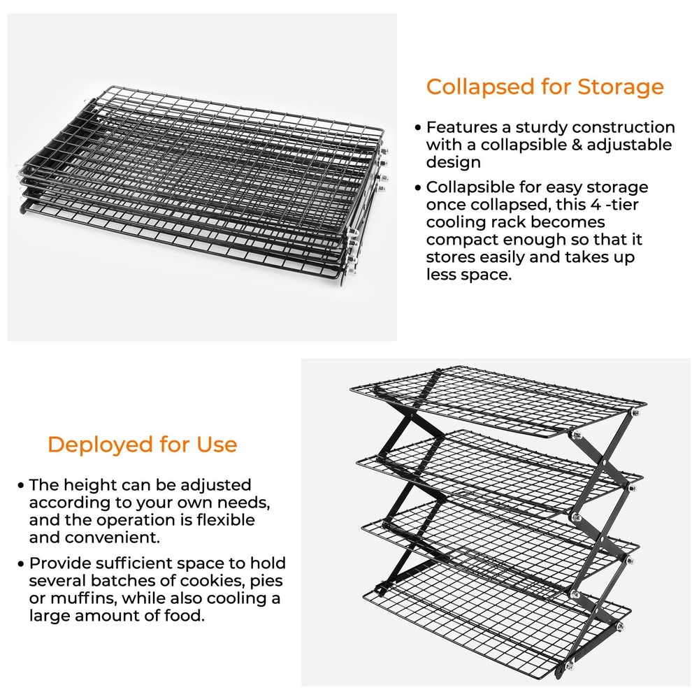 4-Tier Collapsible Cooling Rack with Adjustable 3 Setting, Wire Cooling Roast...