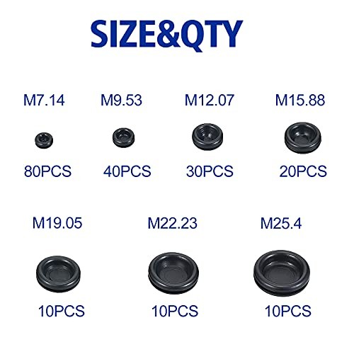 200 PCS 7 Sizes Rubber Grommet Assortment Firewall Solid Closed Hole Plug for