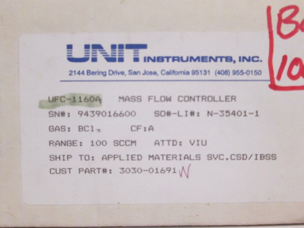 Unit UFC-1160A Mass Flow Controller, BCL3, 100 SCCM, Refurbished