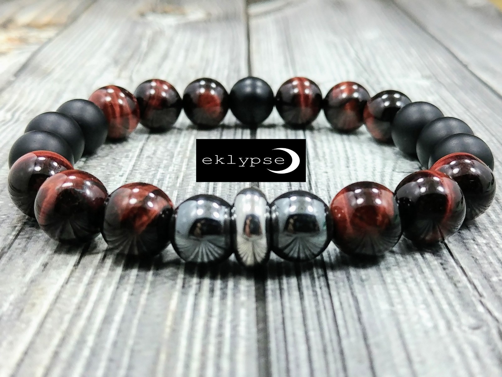 8"L STAINLESS STEEL 10mm Tigers Eye+Hematite+Onyx Gemstone Beaded Men's Bracelet