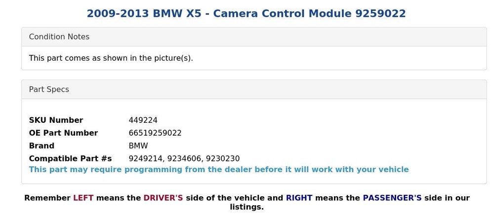 2009-2013 BMW X5 - Camera Control Module 9259022