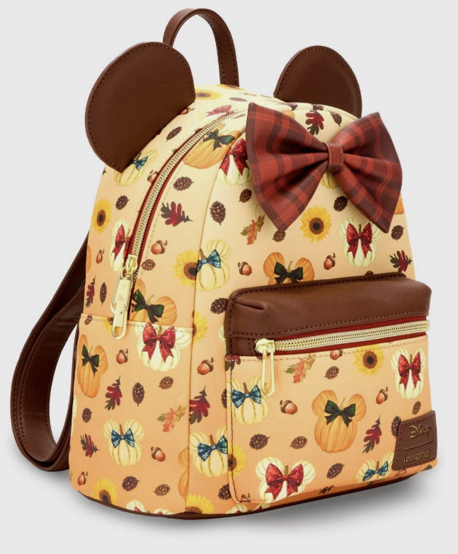 Loungefly Mini Backpack: Minnie Mouse Disney PUMPKIN FALL AOP Burgundy Bow Brown