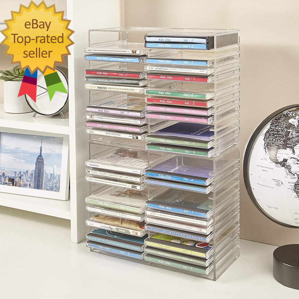 Stackable Clear Plastic CD Organizer with Rubber Feet Rectangular Jewel Cases