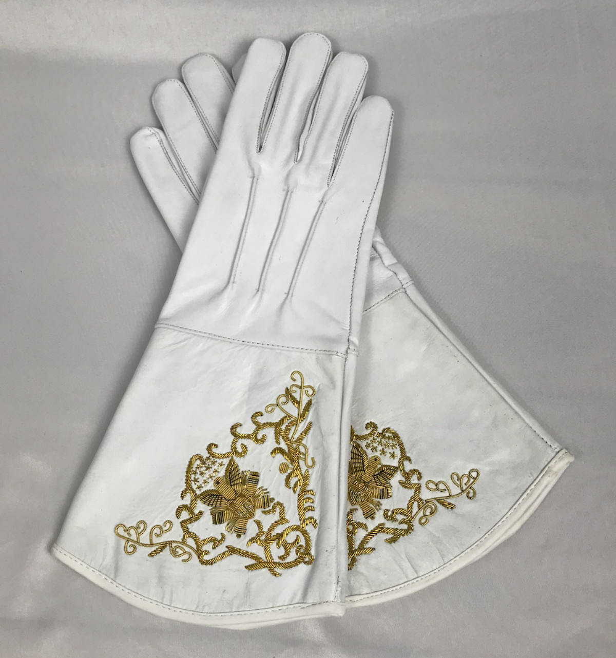White Embroidered Artillery Gauntlets - Size Medium