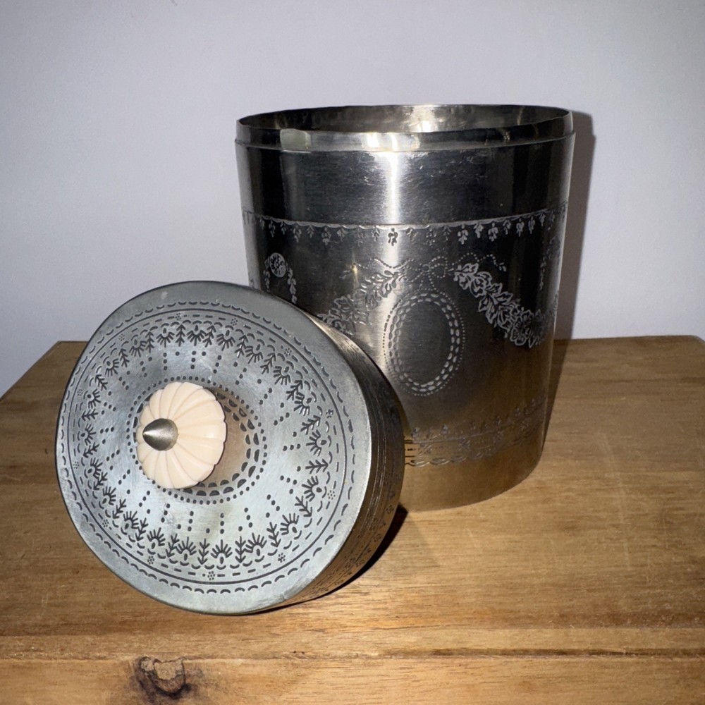 Vintage Silverplate Engraved Tea Caddy Biscuit Barrel Oval 7.5"