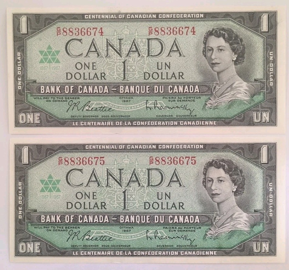 1967 Canadian CENTENNIAL One 1 Dollar Bill Banknote Set 2 Notes