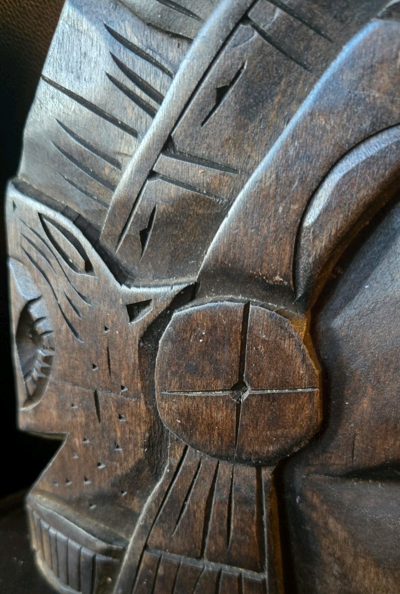 Vtg Hand Carved Aztec Mayan Intricately Carved Wood Warrior Mask Snake Jaguar