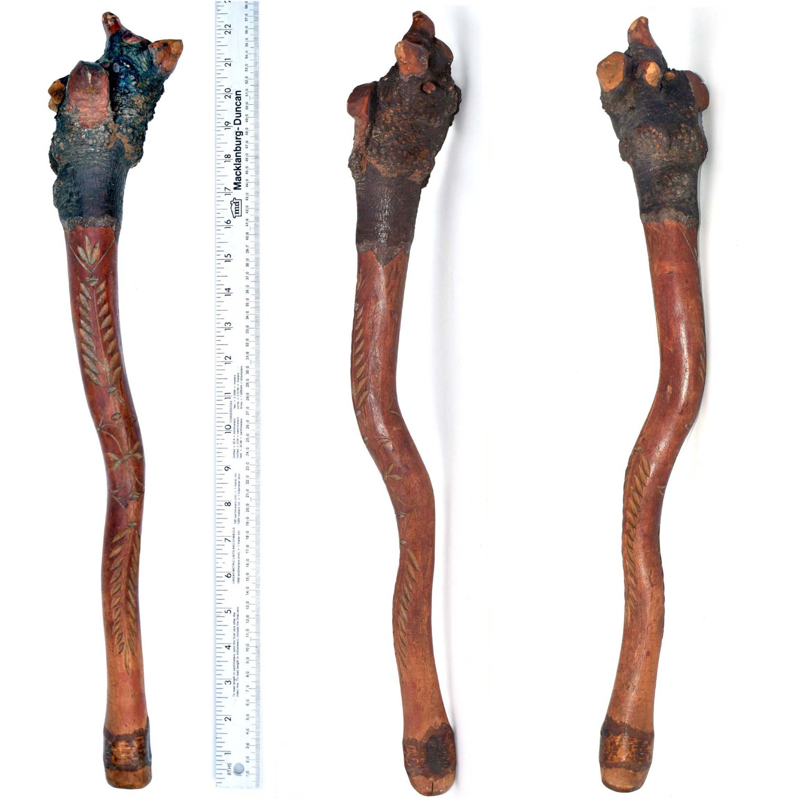 22" Early Penobscot Indian War Club - 1800s Maine - Red Dye - Chip Carved Handle